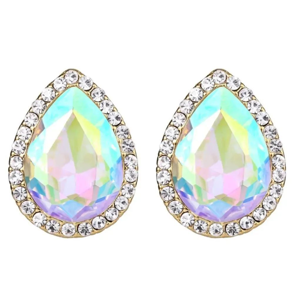 Yellow Gold with Iridescent and Diamond Austrian Crystal Teardrop Stud Earrings